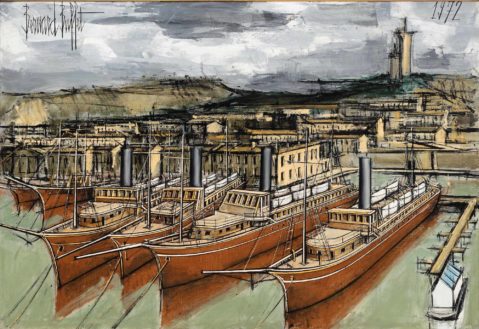 Le port de Marseille par BERNARD BUFFET (1928-1999), une oeuvre d'art expertisée par Morin Williams Expertise, vendue aux enchères.