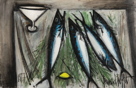Maquereaux sur la table par BERNARD BUFFET (1928-1999), une oeuvre d'art expertisée par Morin Williams Expertise, vendue aux enchères.