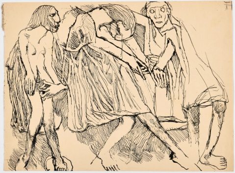 Sans titre (Trois figures debout)  par LOUIS SOUTTER (1871-1942), une oeuvre d'art expertisée par Morin Williams Expertise, vendue aux enchères.