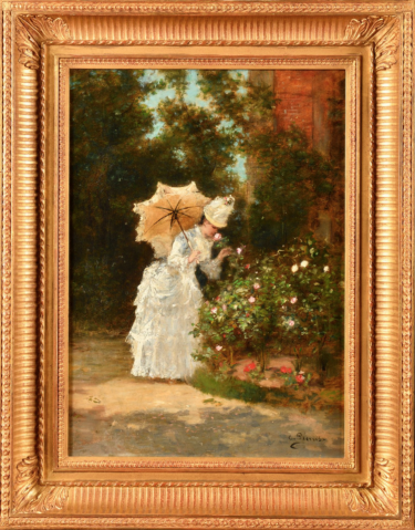 Élégante à l’ombrelle sentant une rose (Madame Pécrus dans son jardin)  by CHARLES PÉCRUS (FRA/ 1826-1907), a work of fine art assessed by Morin Williams Expertise, sold at auction.