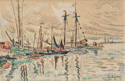 Voiliers et barques à Port-Louis, Bretagne by PAUL SIGNAC (1863-1935), a work of fine art assessed by Morin Williams Expertise, sold at auction.