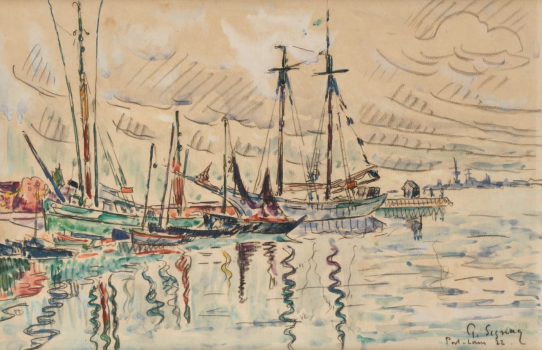 
										Voiliers et barques à Port-Louis, Bretagne by PAUL SIGNAC (1863-1935), a work of fine art assessed by Morin Williams Expertise, sold at auction by Osenat Versailles at 13 avenue de Saint-Cloud, 78000 Versailles.												