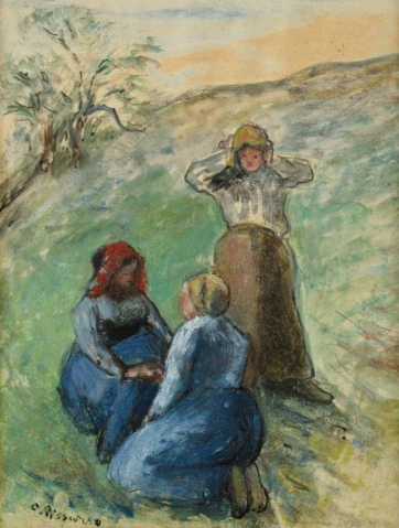
									Trois paysannes, deux agenouillées et une debout  par CAMILLE PISSARRO (FRA/ 1830-1903) , une oeuvre d'art expertisée par Morin Williams Expertise, vendue aux enchères par Osenat Versailles à 13 avenue de Saint-Cloud, 78000 Versailles..											