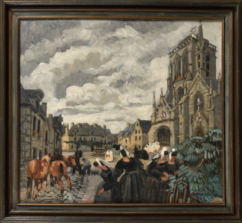 Bretagne, la vieille place de Locronan by YVONNE JEAN-HAFFEN (FRA/ 1895-1993), a work of fine art assessed by Morin Williams Expertise, sold at auction.