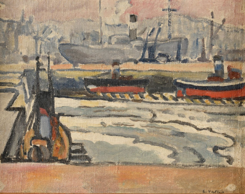 Navires au port de Boulogne-sur-Mer, vers 1923 by LOUIS VALTAT (FRA/ 1869-1952) , a work of fine art assessed by Morin Williams Expertise, sold at auction.