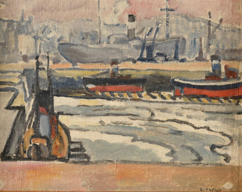 Navires au port de Boulogne-sur-Mer, vers 1923 par LOUIS VALTAT (FRA/ 1869-1952) , une oeuvre d'art expertisée par Morin Williams Expertise, vendue aux enchères.