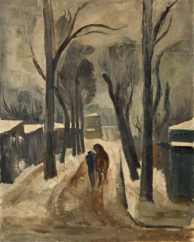 Cavalier et cheval sur une route de village par MILIVOY UZELAC (BOSNIE-FRANCE/ 1897-1977), une oeuvre d'art expertisée par Morin Williams Expertise, vendue aux enchères.