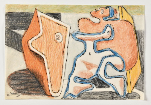 
										 Personnage devant une porte jaune, composition surréaliste, 1937 by CHARLES-ÉDOUARD JEANNERET, DIT LE CORBUSIER (FRANCE/ 1887-1965), a work of fine art assessed by Morin Williams Expertise, sold at auction by Osenat Versailles at  13, avenue de Saint-Cloud 78000 Versailles.												