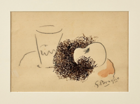 
										 Le verre et la pomme, vers 1963 (Oeuvre originale pour Mourlot 116 - Vallier 189) par GEORGES BRAQUE (FRANCE/ 1882-1963), une oeuvre d'art expertisée par Morin Williams Expertise, vendue aux enchères par Osenat Versailles à  13, avenue de Saint-Cloud 78000 Versailles.												