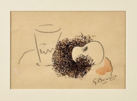  Le verre et la pomme, vers 1963 (Oeuvre originale pour Mourlot 116 - Vallier 189) by GEORGES BRAQUE (FRANCE/ 1882-1963), a work of fine art assessed by Morin Williams Expertise, sold at auction.