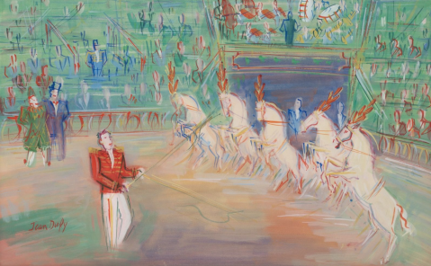 Scène de cirque par JEAN DUFY (FRANCE/ 1888-1964), une oeuvre d'art expertisée par Morin Williams Expertise, vendue aux enchères.