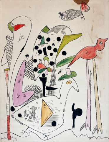 Composition (Fleur, oiseau et poule chapeautée), 1947 by GASTON CHAISSAC (FRANCE/ 1910-1964), a work of fine art assessed by Morin Williams Expertise, sold at auction.