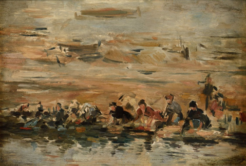 Laveuses au bord de La Touques par EUGÈNE BOUDIN (FRANCE/ 1824-1898), une oeuvre d'art expertisée par Morin Williams Expertise, vendue aux enchères.