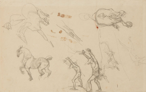 Croquis (Chevaux, jockey et deux esclaves) by HENRI DE TOULOUSE-LAUTREC (FRANCE/ 1864-1901), a work of fine art assessed by Morin Williams Expertise, sold at auction.