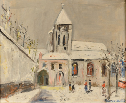 
										Église de Groslay sous la neige, vers 1953 by MAURICE UTRILLO (FRANCE/ 1883-1955), a work of fine art assessed by Morin Williams Expertise, sold at auction by Osenat Versailles at Osenat, 13 avenue de Saint-Cloud, 78000 Versailles.												
