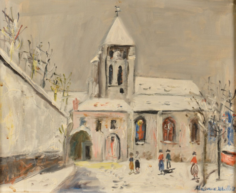 Église de Groslay sous la neige, vers 1953 by MAURICE UTRILLO (FRANCE/ 1883-1955), a work of fine art assessed by Morin Williams Expertise, sold at auction.