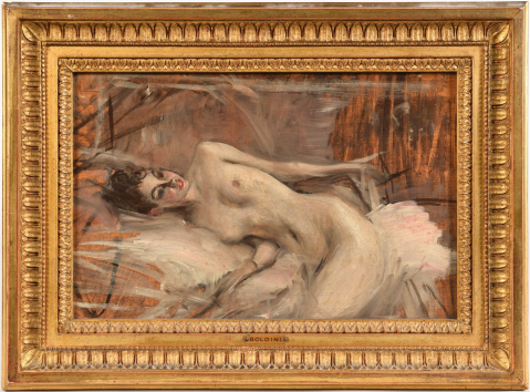 Femme nue allongée, vers 1910-20 by GIOVANNI BOLDINI (ITALIE-FRANCE/ 1842-1931), a work of fine art assessed by Morin Williams Expertise, sold at auction.