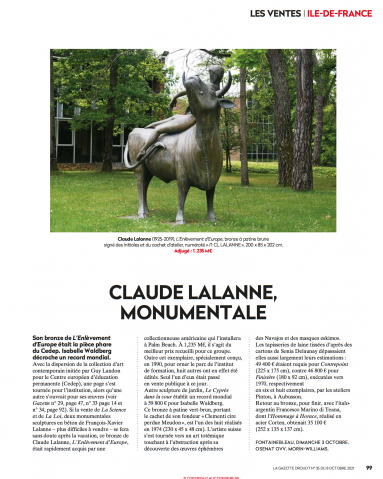 A work of fine art by Gazette Drouot 08/10/2021 - Claude Lalanne, Monumentale, assessed by Morin Williams Expertise, sold at auction.