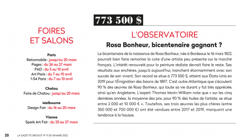 Une oeuvre d'art de Gazette Drouot 18/03/2022 - Rosa Bonheur, bicentenaire gagnant?, expertisée par Morin Williams Expertise, vendue aux enchères.