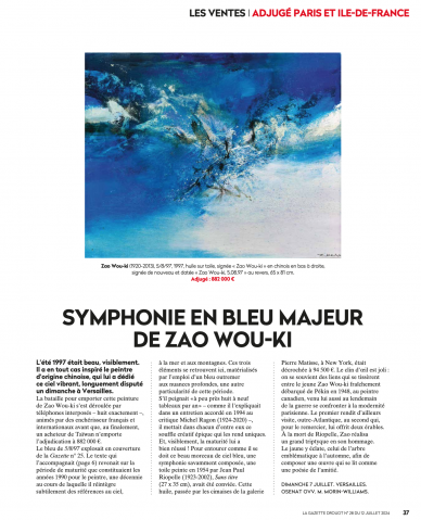 Une oeuvre d'art de GAZETTE DROUOT 12/07/2024 - Symphonie en bleu majeur de Zao Wou-Ki, expertisée par Morin Williams Expertise, vendue aux enchères.
