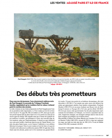 A work of fine art by Gazette Drouot 06/12/2024 - DES DÉBUTS TRÈS PROMETTEURS, assessed by Morin Williams Expertise, sold at auction.