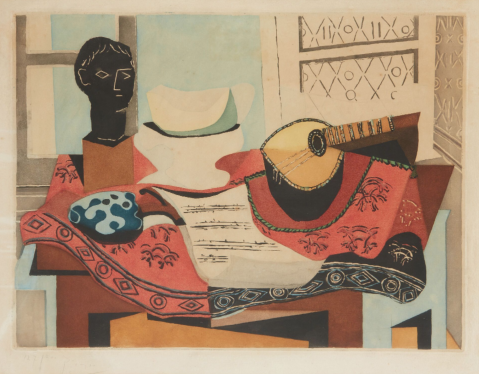 
									Nature morte (Le tapis rouge), 1927 (Ginestet-Pouillon 652)  by D'APRÈS PABLO PICASSO (ESPAGNE-FRANCE / 1881-1973), a work of fine art assessed by Morin Williams Expertise, sold at auction by LEDUCQ at Paris - Salle 4 - Hôtel Drouot.											