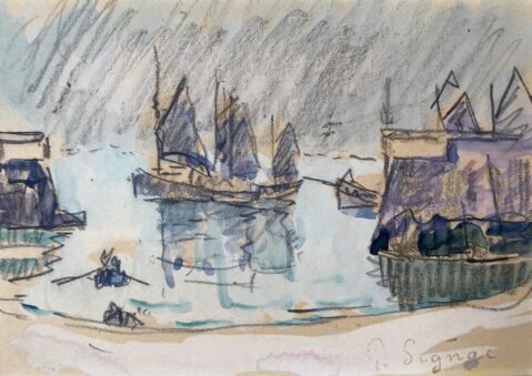 Bateaux de pêche à l'ancre (Saint-Gille-Croix-de-Vie ?), vers 1925 by PAUL SIGNAC (FRANCE/ 1863-1935), a work of fine art assessed by Morin Williams Expertise, sold at auction.