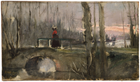 Femme sur un pont au soleil couchant par FÉLIX HIDALGO Y PADILLA (Philippines-Espagne/ 1855-1913), une oeuvre d'art expertisée par Morin Williams Expertise, vendue aux enchères.